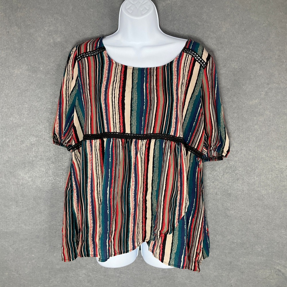Weekend Suzanne Betro Striped Tunic Top Crochet‎ Trim Casual Blouse XL